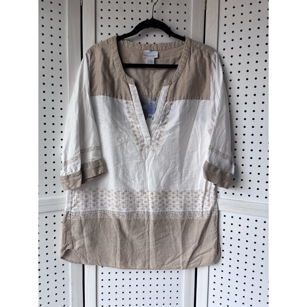 Soft Surroundings Women's Lg V Neck 3/4 SLV Tunic Blouse Tan Blue Floral Cotton